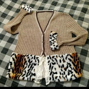 Upcycled tan cardigan with faux fur & vtg doily sz M